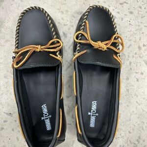 Minnetonka Men’s Black Leather Moccasins with Tan Laces Size 10